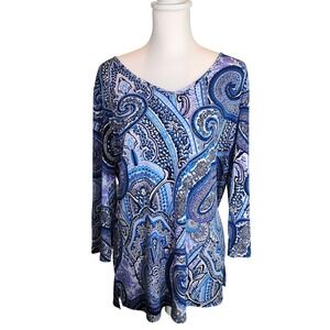 Susan Graver Blue Paisley V-Neck Tunic Top Long Sleeve Womens Size M SKU 0134